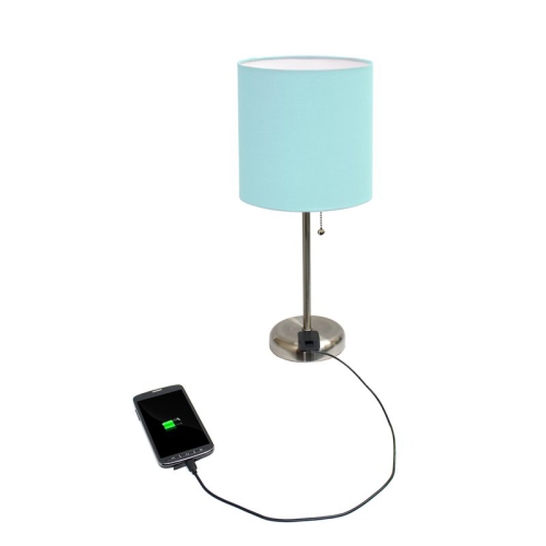 LimeLights Silver Metal Stick Lamp w/ Power Outlet with Aqua Blue Shade