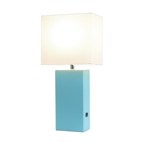 Elegant Designs Leather Table Lamp w/ USB Port in Aqua Blue with White Shade