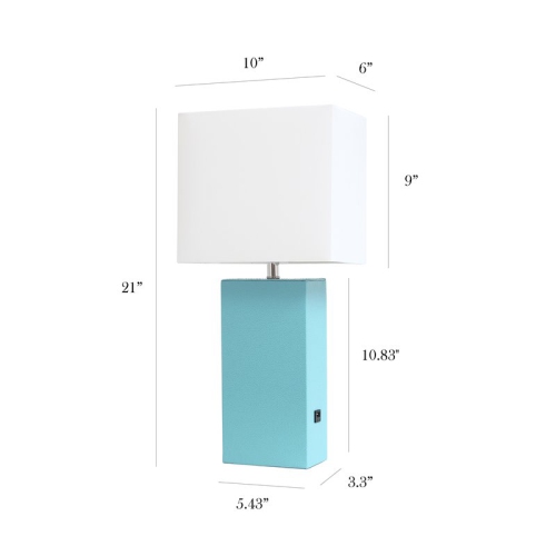 Elegant Designs Leather Table Lamp w/ USB Port in Aqua Blue with White Shade