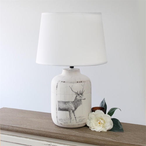 Simple Designs Ceramic Printed Rustic Deer Buck Table Lamp with White Shade