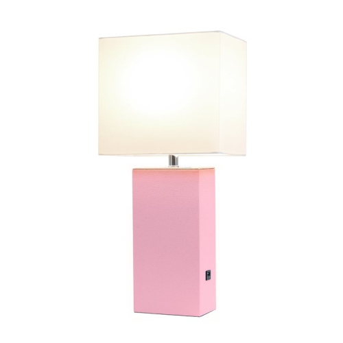 Elegant Designs Leather Table Lamp w/ USB Port in Pink with White Shade