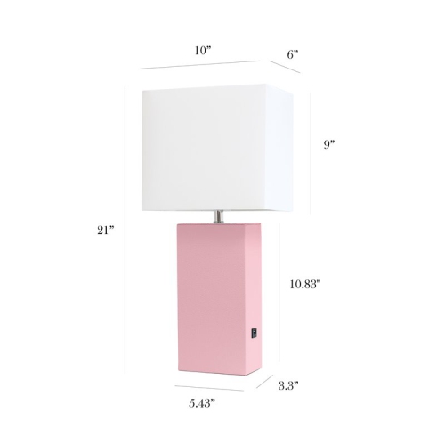 Elegant Designs Leather Table Lamp w/ USB Port in Pink with White Shade