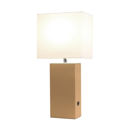 ALL THE RAGES CANADA  Elegant Designs Leather Table Lamp W/ USB Port In Beige With Shade In White Elegant Design Lamps