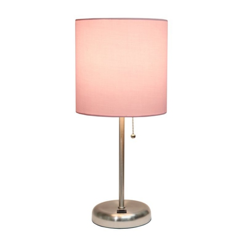 LimeLights Silver Metal Stick Lamp w/ USB Port with Light Pink Shade