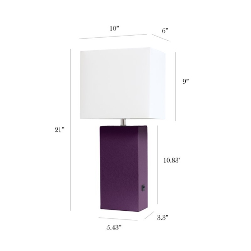 Elegant Designs Leather Table Lamp w/ USB Port in Eggplant with White Shade