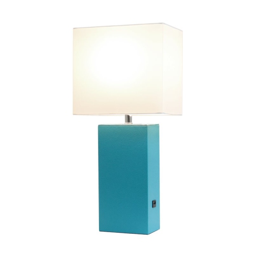 Elegant Designs Leather Table Lamp w/ USB Port in Teal Green with White Shade