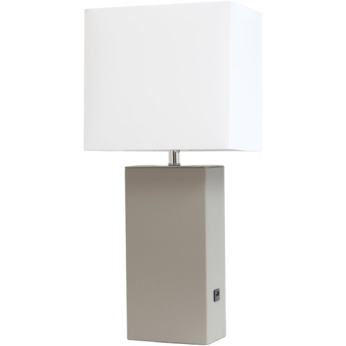 Elegant Designs Leather Table Lamp w/ USB Port in Gray with White Shade
