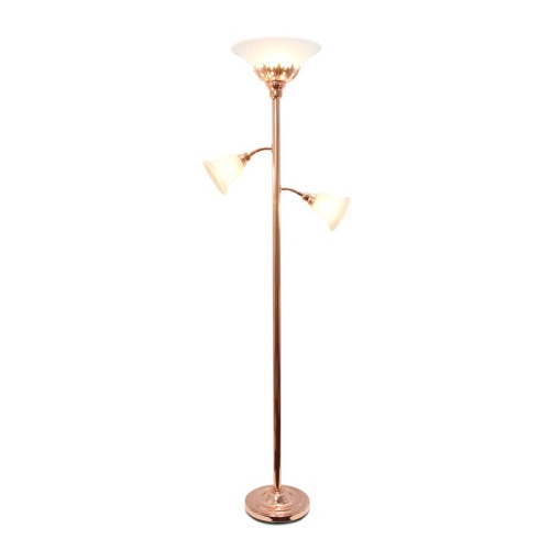 Élégant Designs – Lampe sur pied à 3 lumières en métal rose doré avec abat-jour blancs