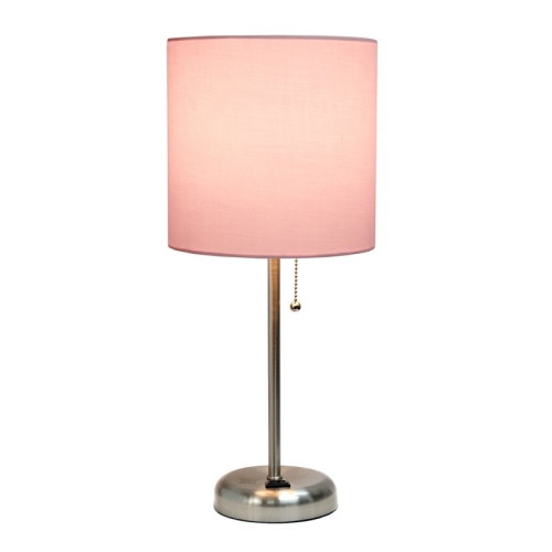 LimeLights Silver Metal Stick Lamp w/ Power Outlet with Light Pink Shade