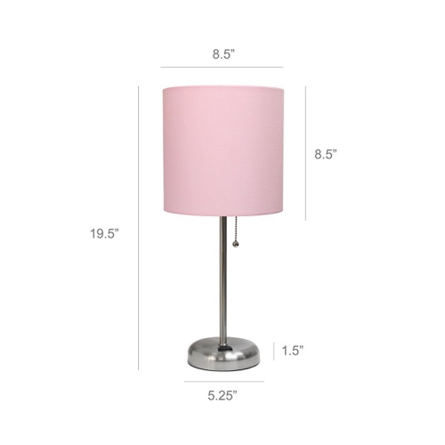 LimeLights Silver Metal Stick Lamp w/ Power Outlet with Light Pink Shade