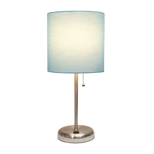 LimeLights Silver Metal Stick Lamp w/ USB Port with Aqua Blue Shade