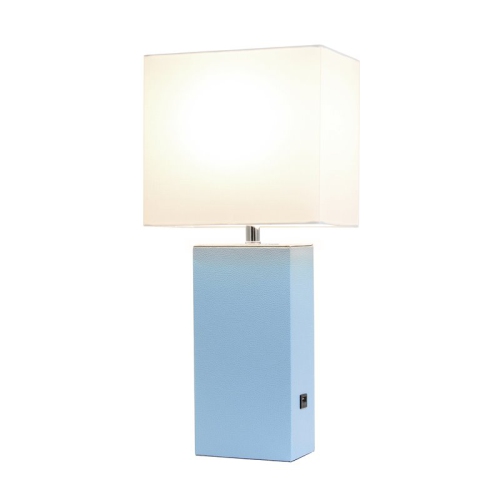 Elegant Designs Leather Table Lamp w/ USB Port in Periwinkle with White Shade
