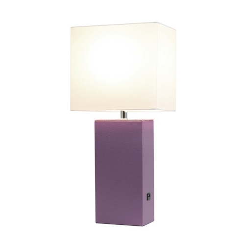 Elegant Designs Leather Table Lamp w/ USB Port in Purple with White Shade