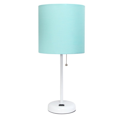 LimeLights Metal Stick Lamp w/ Power Outlet in White with Aqua Blue Shade