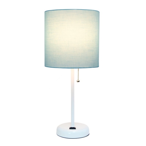 LimeLights Metal Stick Lamp w/ Power Outlet in White with Aqua Blue Shade