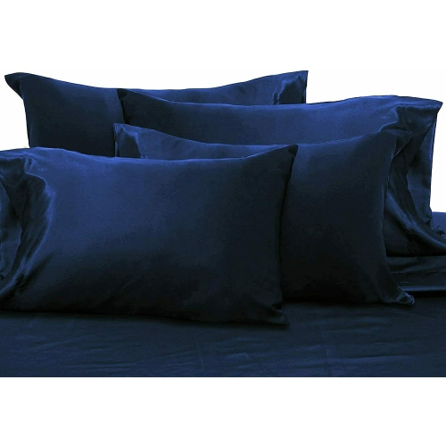 Ahmedani Linens Sexy Satin Sheet 6 Pcs Queen Bedding Set 1 Duvet Cover + 1 Fitted Sheet + 4 Pillow Cases Navy Queen
