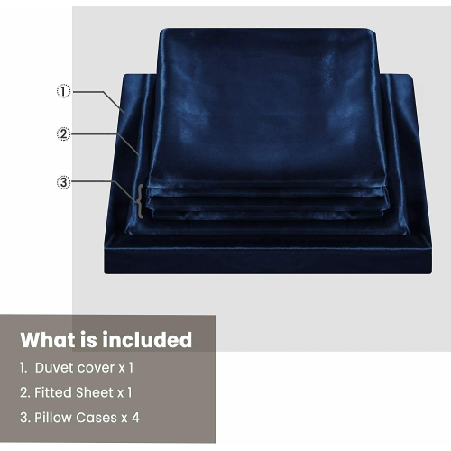Ahmedani Linens Sexy Satin Sheet 6 Pcs Queen Bedding Set 1 Duvet Cover + 1 Fitted Sheet + 4 Pillow Cases Navy Queen