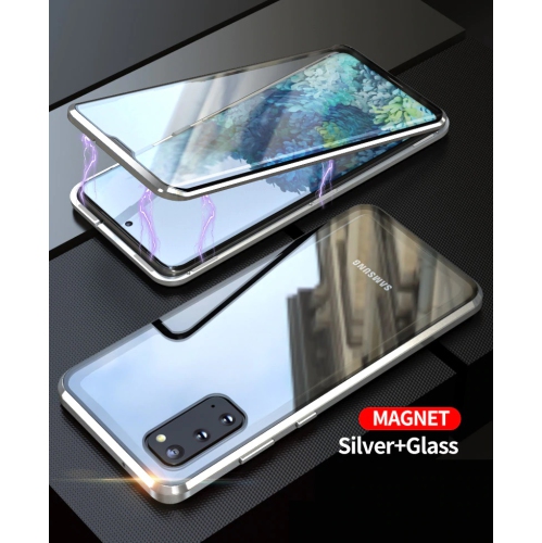 BRENDA  360° Front+Back Clear Tempered Glass Metal Magnetic Case Cover for Samsung S20 (Silver)