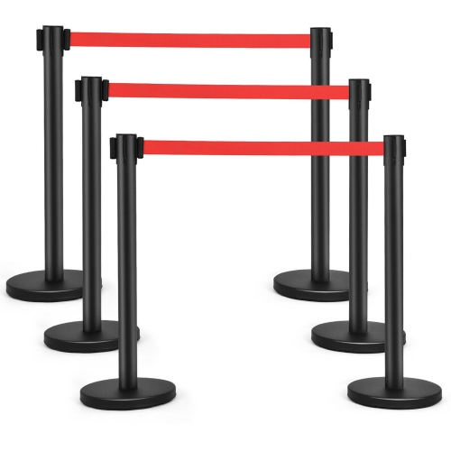 Costway 6Pcs Black Stanchion Posts Queue Pole Retractable Red Belt Crowd Control Barrier