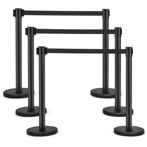 Costway 6Pcs Black Stanchion Posts Queue Pole Retractable Belt Crowd Control Barrier