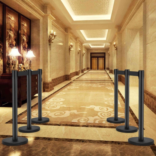 Costway 6Pcs Black Stanchion Posts Queue Pole Retractable Belt Crowd Control Barrier