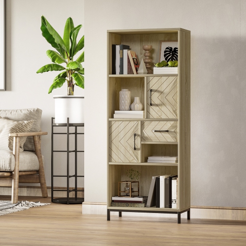 HOMCOM 59" Bookcase, Storage Bookshelf with Cabinets, Drawer and Open Compartments, Freestanding Display Shelves for Home Office, Living Room, Study,