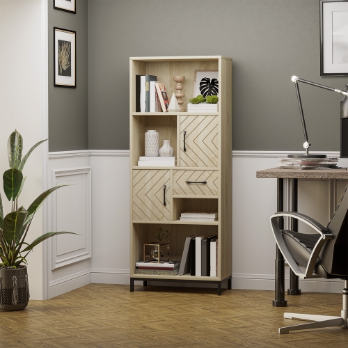 HOMCOM 59" Bookcase, Storage Bookshelf with Cabinets, Drawer and Open Compartments, Freestanding Display Shelves for Home Office, Living Room, Study,