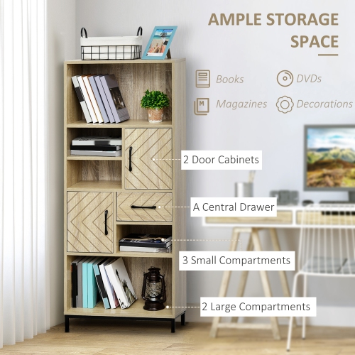 HOMCOM 59" Bookcase, Storage Bookshelf with Cabinets, Drawer and Open Compartments, Freestanding Display Shelves for Home Office, Living Room, Study,