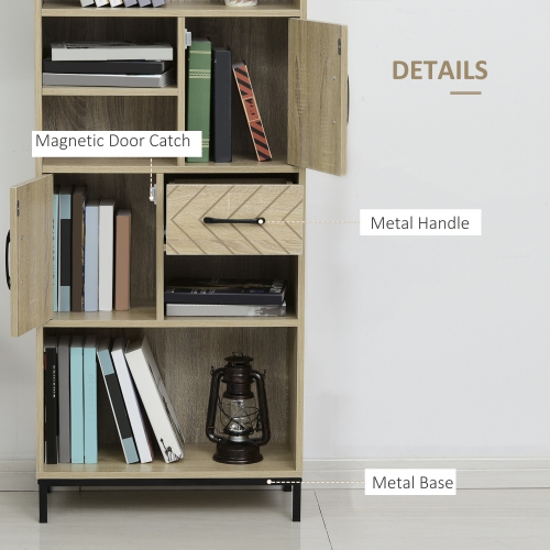 HOMCOM 59" Bookcase, Storage Bookshelf with Cabinets, Drawer and Open Compartments, Freestanding Display Shelves for Home Office, Living Room, Study,