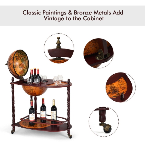 Costway Wood Globe Wine Bar Stand 34'' H 16th Century Italian Rack Liquor Bottle Shelf