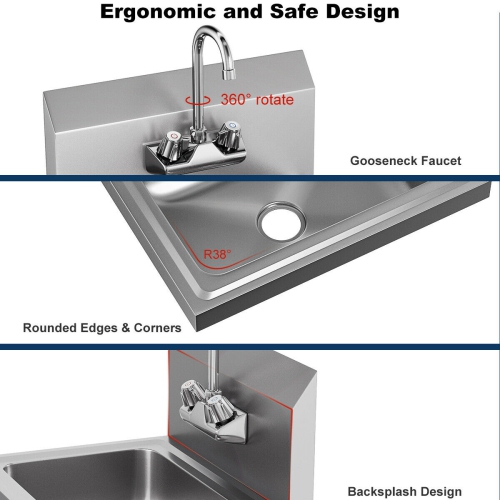 Costway Commercial Stainless Steel Wall Mount Hand Washing Wash Sink Basin with Faucet