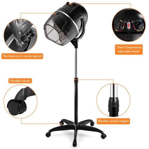 Costway Adjustable Stand Up Hood Floor Hair Bonnet Dryer Rolling Base Salon Wheels