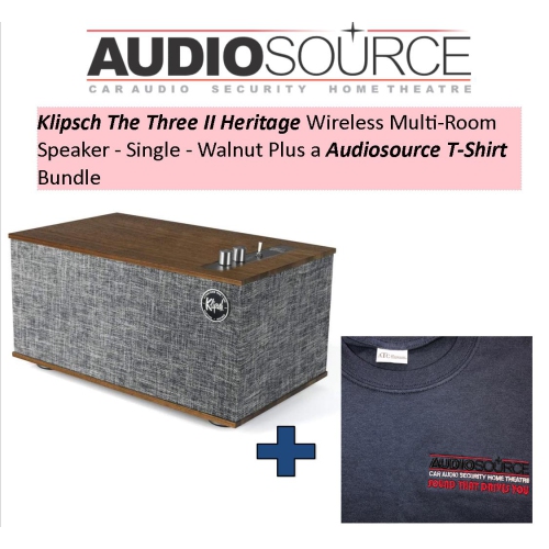 Klipsch The Three II Heritage Wireless Multi-Room Speaker - Single - Walnut Plus a Audiosource T-Shirt Bundle