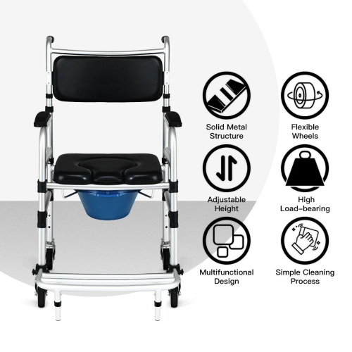 Gymax 2-in-1 Aluminum Commode/Shower Wheelchair w/ Locking Casters Adjustable Height