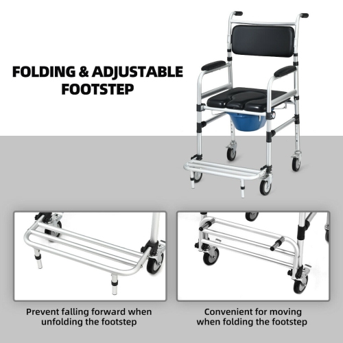 Gymax 2-in-1 Aluminum Commode/Shower Wheelchair w/ Locking Casters Adjustable Height