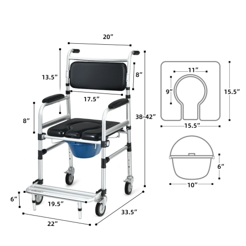 Gymax 2-in-1 Aluminum Commode/Shower Wheelchair w/ Locking Casters Adjustable Height
