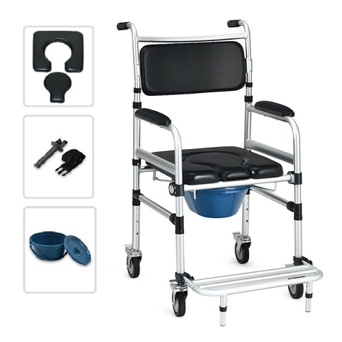 Gymax 2-in-1 Aluminum Commode/Shower Wheelchair w/ Locking Casters Adjustable Height