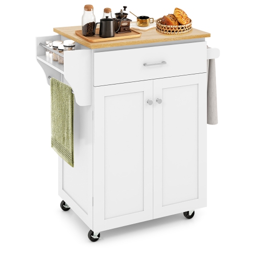 Gymax Rolling Kitchen Island Utility Kitchen Cart Storage Cabinet w/ Spice Rack Brown/White