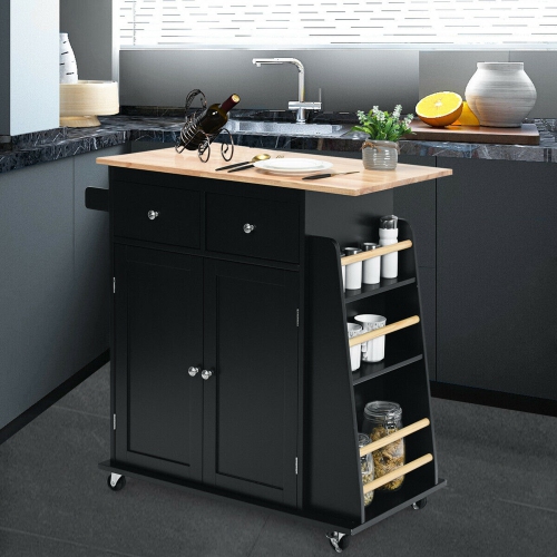 Gymax Rolling Kitchen Island Utility Trolley Cabinet Storage Spice Towel Rack Black