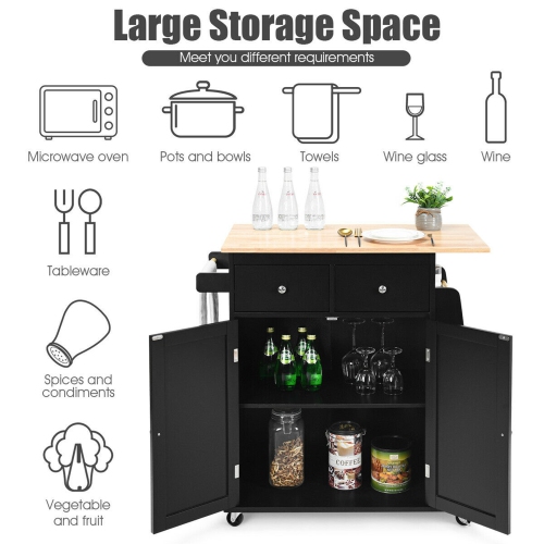 Gymax Rolling Kitchen Island Utility Trolley Cabinet Storage Spice Towel Rack Black