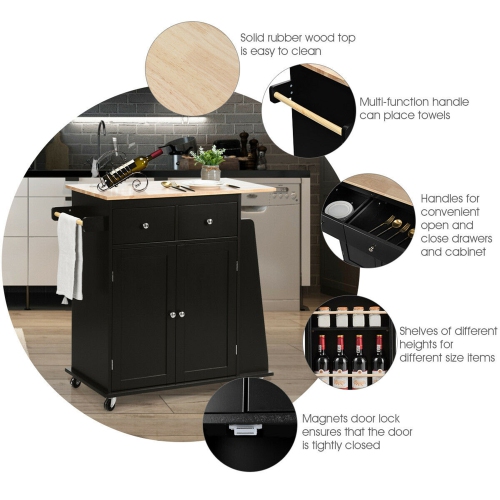 Gymax Rolling Kitchen Island Utility Trolley Cabinet Storage Spice Towel Rack Black