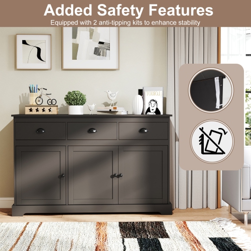 Gymax Modern Buffet Sideboard 53.5'' Storage Cabinet w/ 3 Drawers 3 Doors Brown