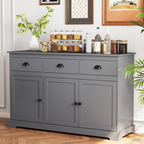 Gymax Modern Buffet Sideboard 53.5'' Storage Cabinet w/ 3 Drawers 3 Doors Gray