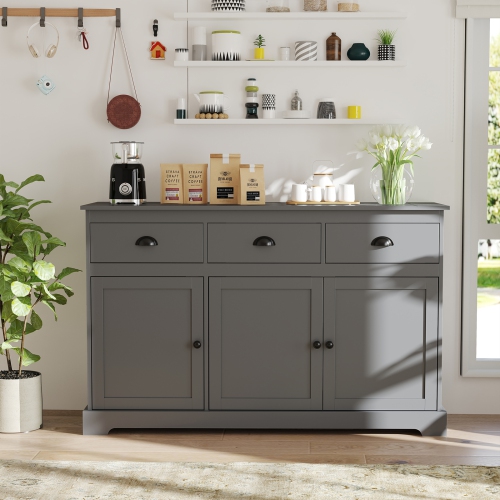 Gymax Modern Buffet Sideboard 53.5'' Storage Cabinet w/ 3 Drawers 3 Doors Gray