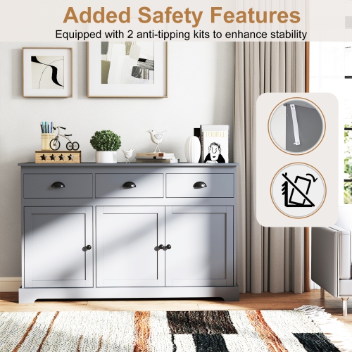 Gymax Modern Buffet Sideboard 53.5'' Storage Cabinet w/ 3 Drawers 3 Doors Gray