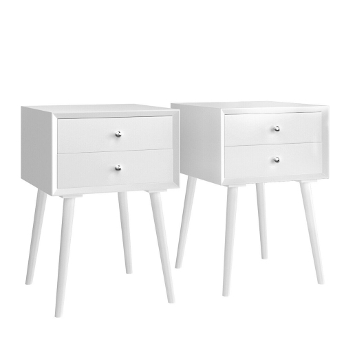 GYMAX  2PCs Wooden Nightstand Mid-Century End Side Table W/2 Storage Drawers In White