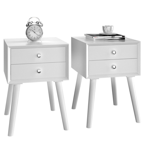 Gymax 2PCS Wooden Nightstand Mid-Century End Side Table W/2 Storage Drawers White