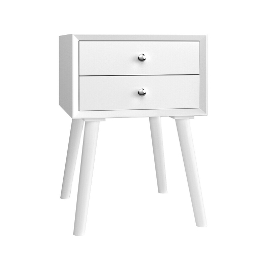 GYMAX  Wooden Nightstand Mid-Century End Side Table Bedroom W/2 Storage Drawers In White