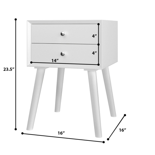 Gymax Wooden Nightstand Mid-Century End Side Table Bedroom W/2 Storage Drawers White
