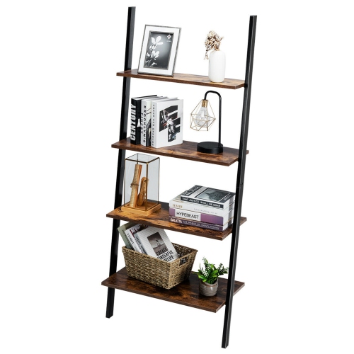 Gymax Industrial Ladder Shelf 4-Tier Leaning Wall Bookcase Plant Stand Rustic Brown